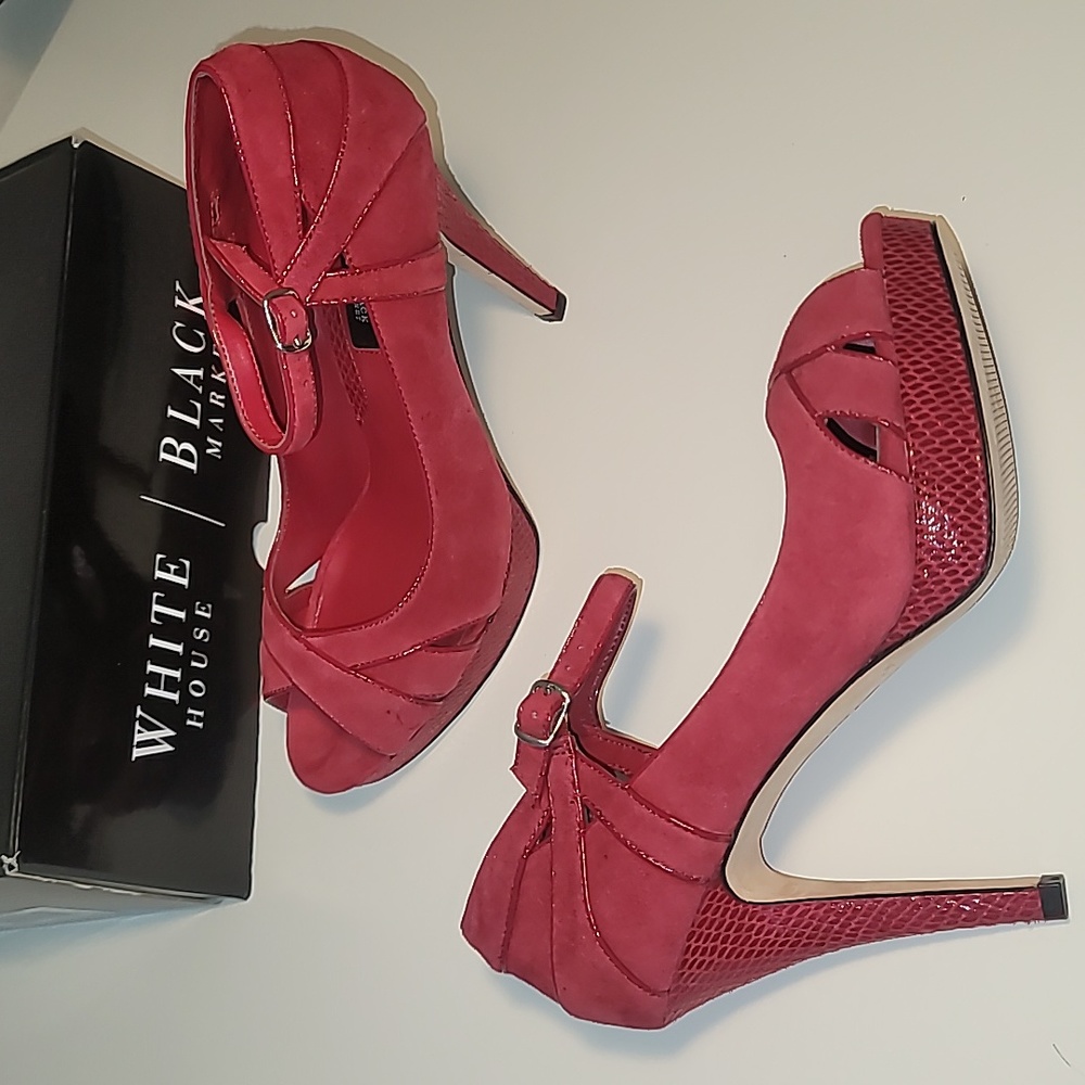 WHBM Shoes Red Suede with Snake Trim Heel NIB 7.5